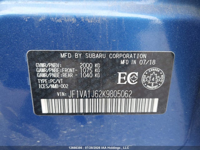 Auction sale of the 2019 Subaru Wrx Sport-tech, vin: JF1VA1J62K9805062, lot number: 12666386