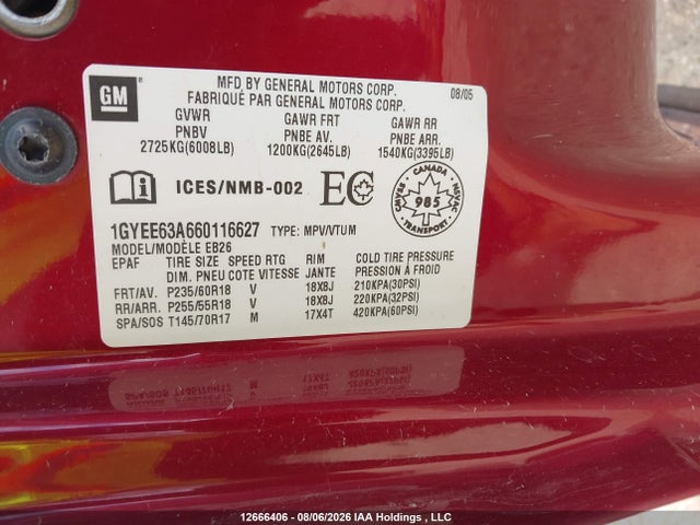 2006 Cadillac Srx მანქანა იყიდება აუქციონზე, vin: 1GYEE63A660116627, აუქციონის ნომერი: 12666406