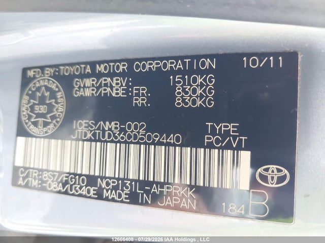 Aukcja sprzedaży 2012 Toyota Yaris, vin: JTDKTUD36CD509440, numer aukcji: 12666408