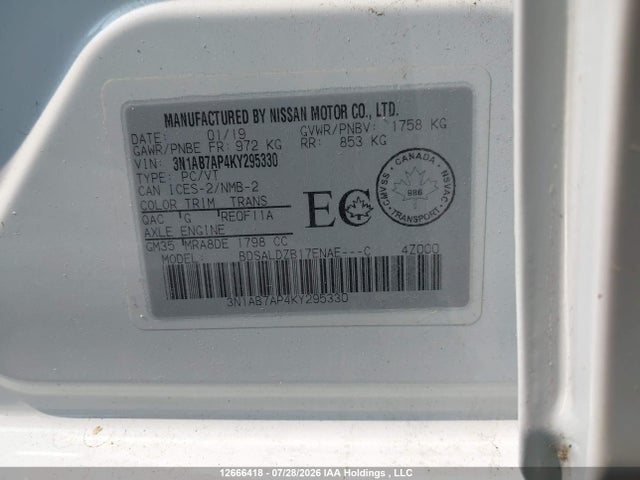 3N1AB7AP4KY295330 Nissan Sentra 1.8 S/1.8 Sv