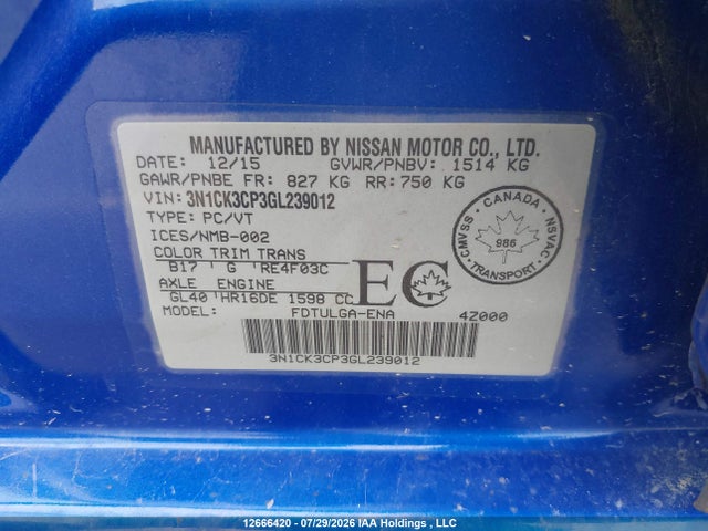 Aukcja sprzedaży 2016 Nissan Micra S/sr/sv, vin: 3N1CK3CP3GL239012, numer aukcji: 12666420