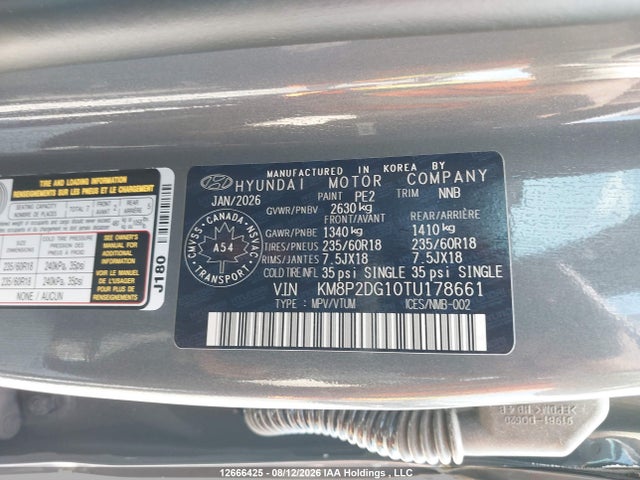 12666425 :رقم المزاد ، KM8P2DG10TU178661 vin ، 2026 Hyundai Santa Fe Preferred مزاد بيع