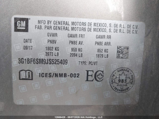 Aukcja sprzedaży 2018 Chevrolet Cruze Premier Auto, vin: 3G1BF6SM9JS525409, numer aukcji: 12666428