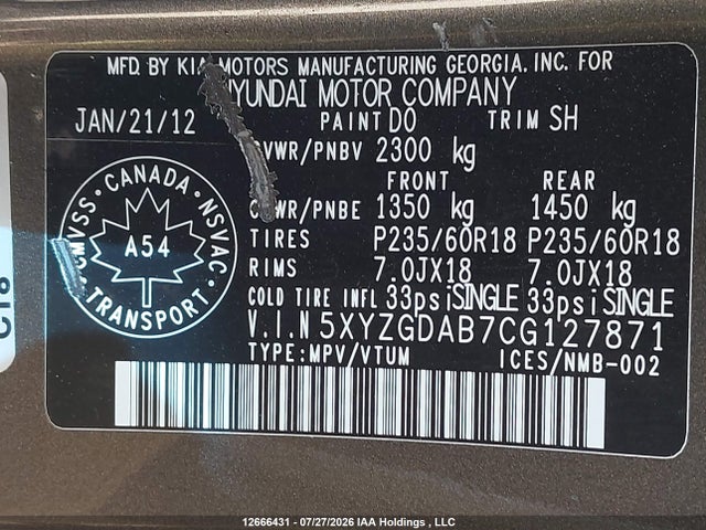 Продажа на аукционе авто 2012 Hyundai Santa Fe Gls, vin: 5XYZGDAB7CG127871, номер лота: 12666431
