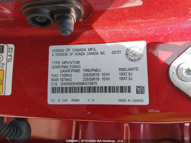 Продажа на аукционе авто 2021 Honda Cr-v Sport, vin: 2HKRW2H45MH215875, номер лота: 12666441