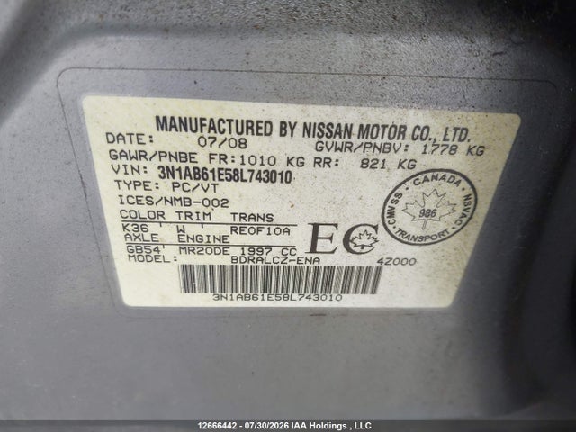 Aukcja sprzedaży 2008 Nissan Sentra, vin: 3N1AB61E58L743010, numer aukcji: 12666442