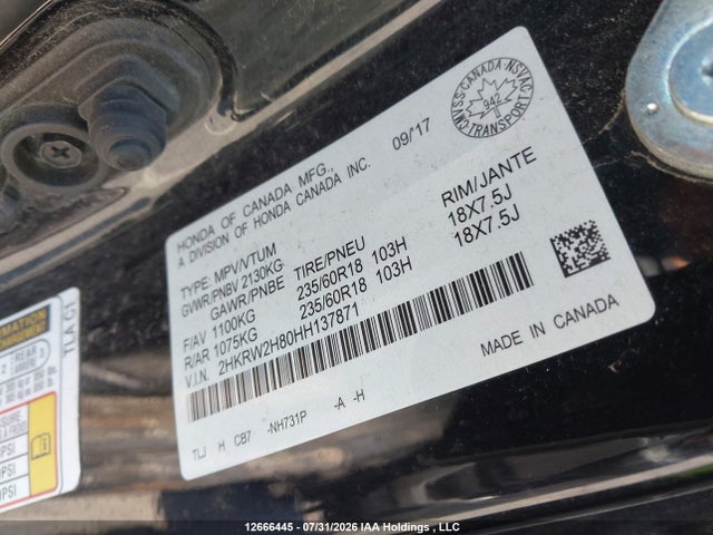 Продаж на аукціоні авто 2017 Honda Cr-v Ex-l, vin: 2HKRW2H80HH137871, номер лоту: 12666445