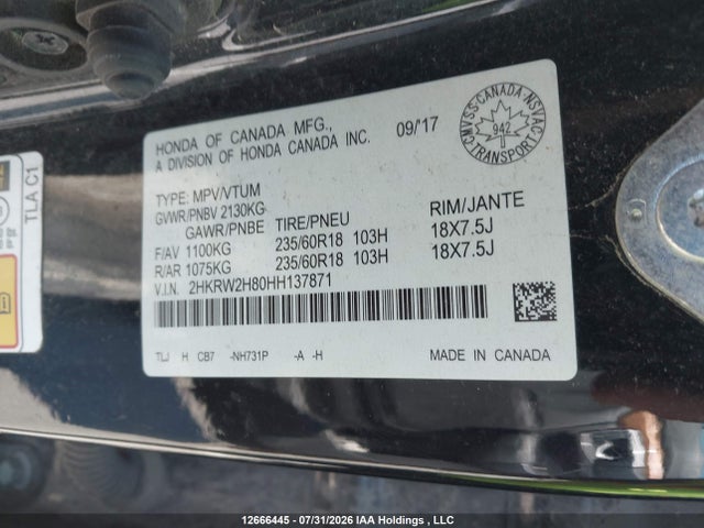 Продаж на аукціоні авто 2017 Honda Cr-v Ex-l, vin: 2HKRW2H80HH137871, номер лоту: 12666445