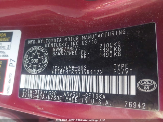 Aukcja sprzedaży 2016 Toyota Camry, vin: 4T1BF1FK6GU581122, numer aukcji: 12666460