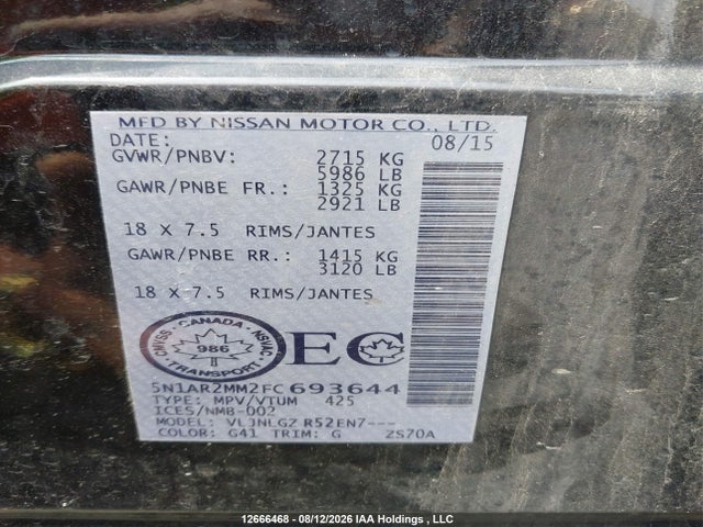Aukcja sprzedaży 2015 Nissan Pathfinder S/sv/sl/platinum, vin: 5N1AR2MM2FC693644, numer aukcji: 12666468