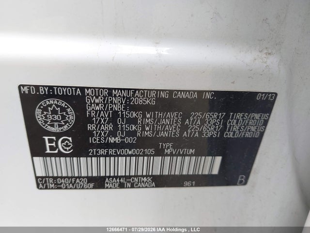Продаж на аукціоні авто 2013 Toyota Rav4 Xle, vin: 2T3RFREV0DW002105, номер лоту: 12666471