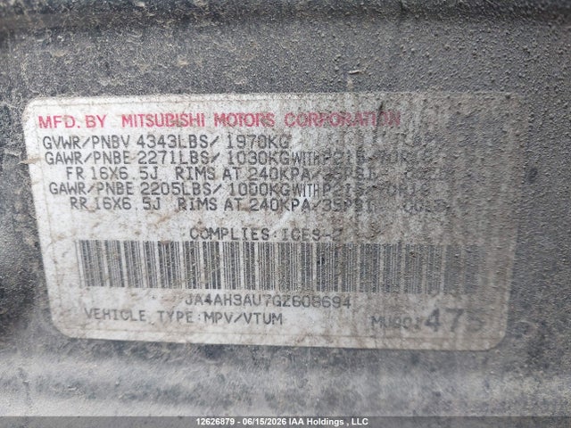 12626879 :رقم المزاد ، JA4AH3AU7GZ608694 vin ، 2016 Mitsubishi Rvr Es/se مزاد بيع