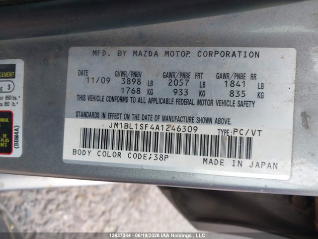 12637344 :رقم المزاد ، JM1BL1SF4A1246309 vin ، 2010 Mazda Mazda3 Gs/gx مزاد بيع