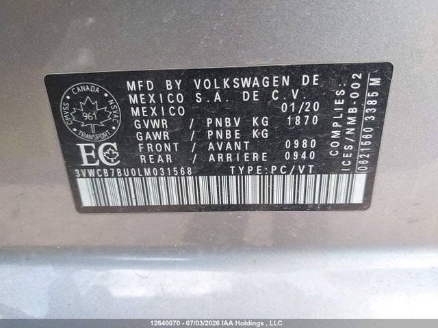 Aukcja sprzedaży 2020 Volkswagen Jetta Comfortline, vin: 3VWCB7BU0LM031568, numer aukcji: 12640070
