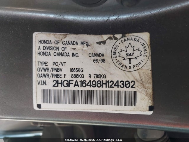 Продаж на аукціоні авто 2008 Honda Civic Dx-g, vin: 2HGFA16498H124302, номер лоту: 12645233