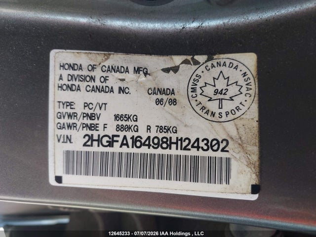 Продаж на аукціоні авто 2008 Honda Civic Dx-g, vin: 2HGFA16498H124302, номер лоту: 12645233