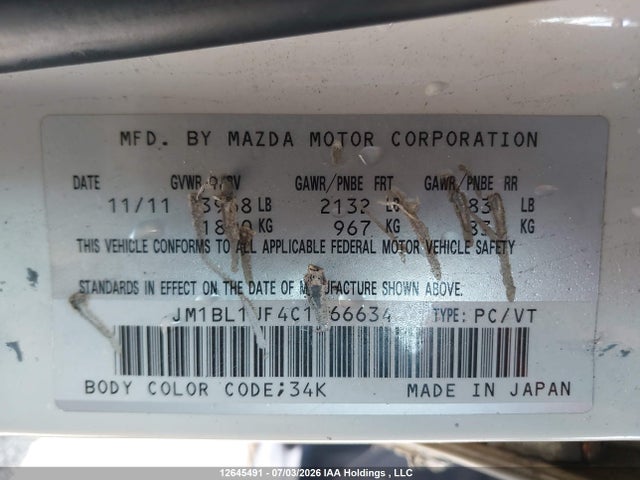 12645491 :رقم المزاد ، JM1BL1UF4C1566634 vin ، 2012 Mazda Mazda3 Gx مزاد بيع