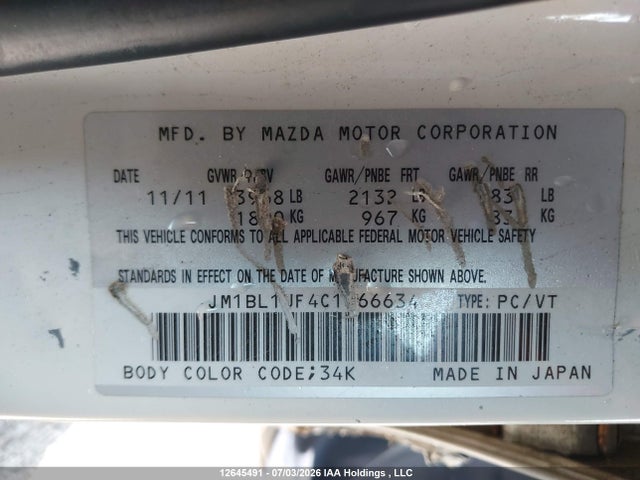 12645491 :رقم المزاد ، JM1BL1UF4C1566634 vin ، 2012 Mazda Mazda3 Gx مزاد بيع
