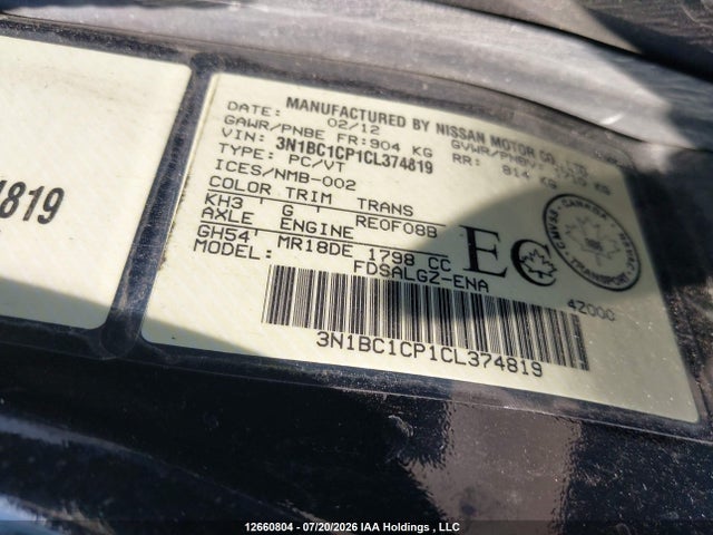 12660804 :رقم المزاد ، 3N1BC1CP1CL374819 vin ، 2012 Nissan Versa 1.8 Sl مزاد بيع