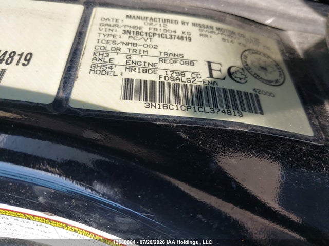 12660804 :رقم المزاد ، 3N1BC1CP1CL374819 vin ، 2012 Nissan Versa 1.8 Sl مزاد بيع