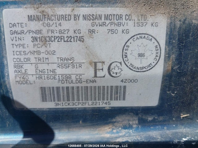 2015 Nissan Micra S/sr/sv მანქანა იყიდება აუქციონზე, vin: 3N1CK3CP2FL221745, აუქციონის ნომერი: 12666485