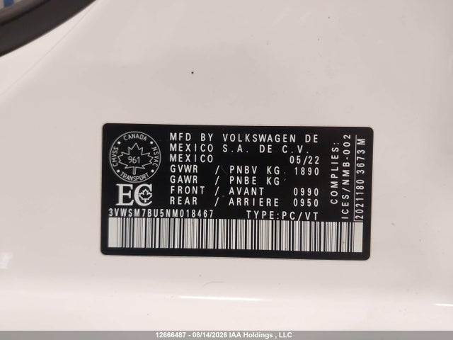 Продажа на аукционе авто 2022 Volkswagen Jetta Comfortline, vin: 3VWSM7BU5NM018467, номер лота: 12666487