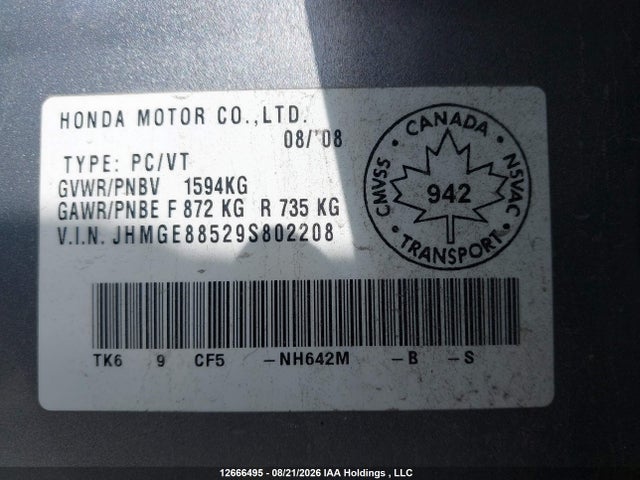 Продаж на аукціоні авто 2009 Honda Fit Lx, vin: JHMGE88529S802208, номер лоту: 12666495