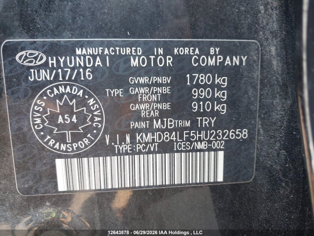 12643878 :رقم المزاد ، KMHD84LF5HU232658 vin ، 2017 Hyundai Elantra Gls مزاد بيع