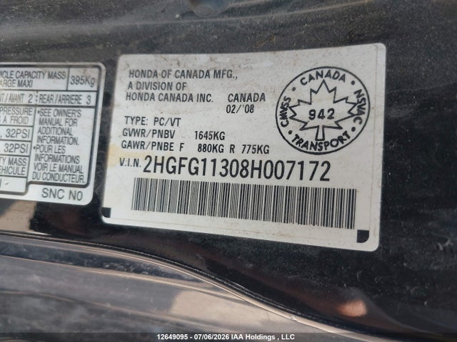 Aukcja sprzedaży 2008 Honda Civic Dx-g, vin: 2HGFG11308H007172, numer aukcji: 12649095