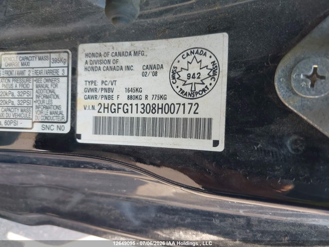 Aukcja sprzedaży 2008 Honda Civic Dx-g, vin: 2HGFG11308H007172, numer aukcji: 12649095