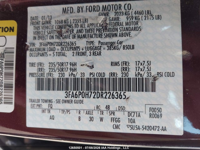 12650501 :رقم المزاد ، 3FA6P0H72DR226365 vin ، 2013 Ford Fusion Se مزاد بيع