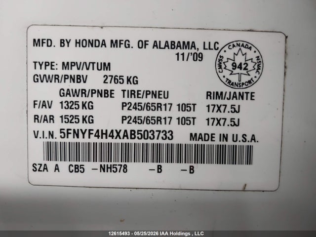 Продажа на аукционе авто 2010 Honda Pilot Ex, vin: 5FNYF4H4XAB503733, номер лота: 12615493