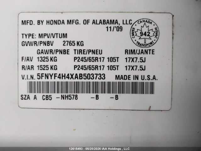 Продажа на аукционе авто 2010 Honda Pilot Ex, vin: 5FNYF4H4XAB503733, номер лота: 12615493