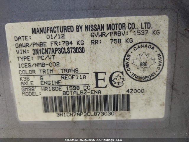 Aukcja sprzedaży 2012 Nissan Versa 1.6 Sv, vin: 3N1CN7AP3CL873030, numer aukcji: 12652153