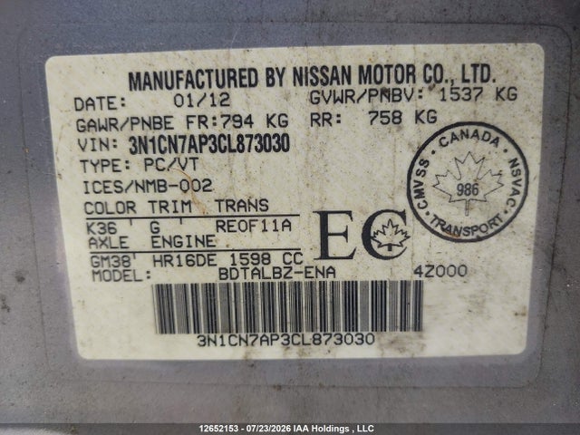 Aukcja sprzedaży 2012 Nissan Versa 1.6 Sv, vin: 3N1CN7AP3CL873030, numer aukcji: 12652153