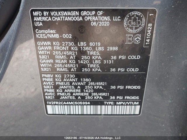 12653186 :رقم المزاد ، 1V2FR2CA4MC505994 vin ، 2021 Volkswagen Atlas 3.6 Fsi Execline مزاد بيع