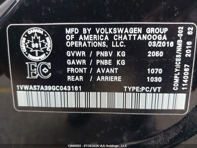 2016 Volkswagen Passat S/r-line მანქანა იყიდება აუქციონზე, vin: 1VWAS7A39GC043161, აუქციონის ნომერი: 12666502
