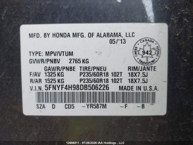 2013 Honda Pilot Touring მანქანა იყიდება აუქციონზე, vin: 5FNYF4H98DB506226, აუქციონის ნომერი: 12666511