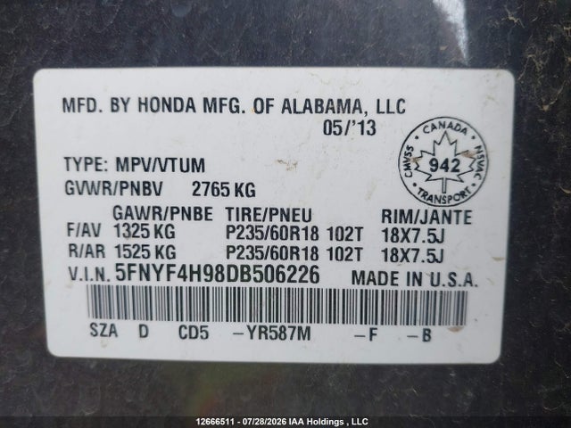 2013 Honda Pilot Touring მანქანა იყიდება აუქციონზე, vin: 5FNYF4H98DB506226, აუქციონის ნომერი: 12666511