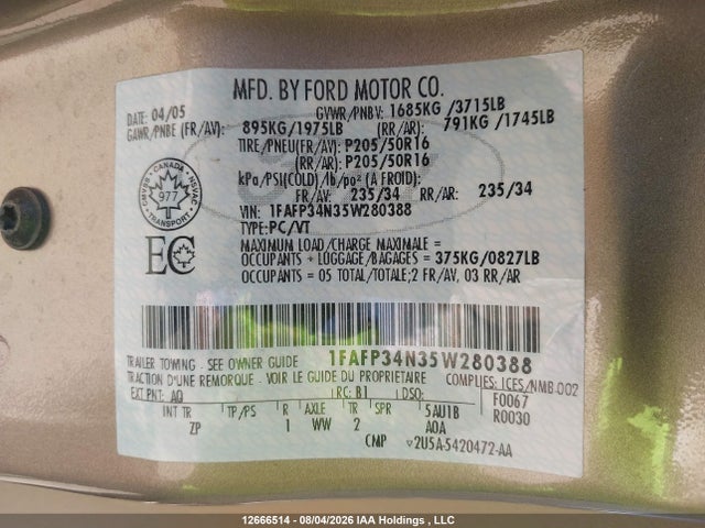 2005 Ford Focus მანქანა იყიდება აუქციონზე, vin: 1FAFP34N35W280388, აუქციონის ნომერი: 12666514