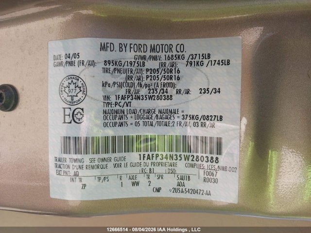 2005 Ford Focus მანქანა იყიდება აუქციონზე, vin: 1FAFP34N35W280388, აუქციონის ნომერი: 12666514
