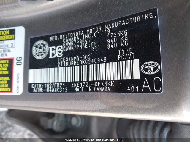 12666519 :رقم المزاد ، 2T1BURHE0KC240949 vin ، 2019 Toyota Corolla L/le/xle/se/xse مزاد بيع