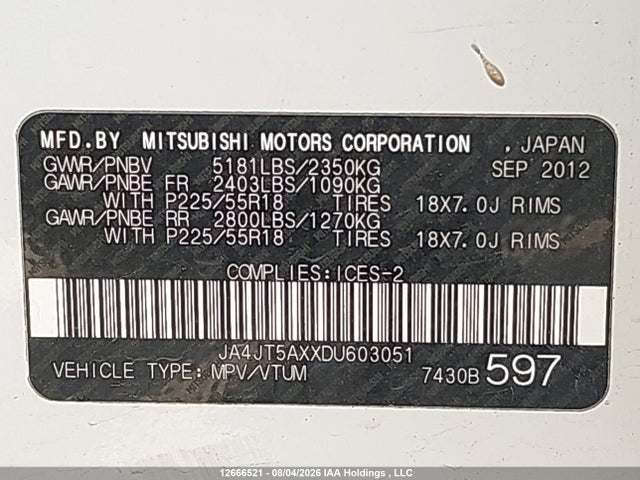 2013 Mitsubishi Outlander Xls მანქანა იყიდება აუქციონზე, vin: JA4JT5AXXDU603051, აუქციონის ნომერი: 12666521