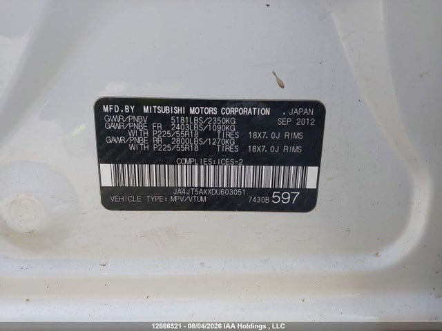 2013 Mitsubishi Outlander Xls მანქანა იყიდება აუქციონზე, vin: JA4JT5AXXDU603051, აუქციონის ნომერი: 12666521