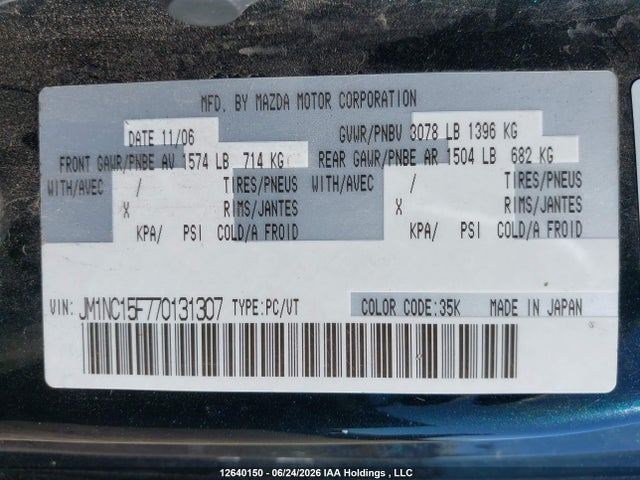 2007 Mazda Mx-5 Gs/gt/gx მანქანა იყიდება აუქციონზე, vin: JM1NC15F770131307, აუქციონის ნომერი: 12640150