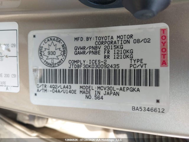 Продажа на аукционе авто 2003 Toyota Camry Le/xle, vin: JTDBF30K030092435, номер лота: 12666526