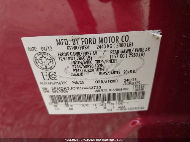 Продажа на аукционе авто 2013 Ford Edge Sel, vin: 2FMDK3JC0DBA33733, номер лота: 12664022