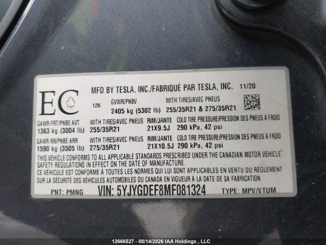 Tesla Model Y 2021 5YJYGDEF8MF081324 Image 9