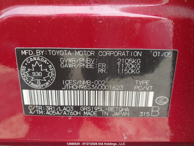 Продажа на аукционе авто 2006 Lexus Gs 300, vin: JTHCH96S360001623, номер лота: 12666529