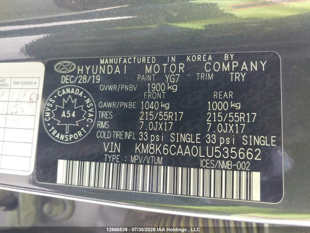 2020 Hyundai Kona Sel Plus მანქანა იყიდება აუქციონზე, vin: KM8K6CAA0LU535662, აუქციონის ნომერი: 12666539